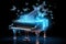 A transparent piano floats in the air, butterfly light