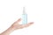 Transparent plastic bottle with sanitizer on female palm. Unbranded container for antiseptic products with dispenser. Mockup style