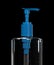 Transparent plastic sanitizer with a blue dispenser, isolated on a black background. 3d render