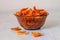 Transparent plate with candied pumpkin on a white table