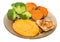 Transparent plate with fresh green broccoli, smashed sweet potatoes and slice of orange sweet potatoes, chiken meat