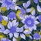 Transparent purple and yellow clematis flowers on climbing twigs against dark background. Seamless floral pattern.