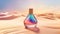 Transparent rainbow glass perfume bottle mockup with sandy background. Eau de