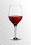 Transparent realistic vector wineglass full of red wine rich dark ruby burgundy color. Illustration in photorealistic