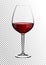 Transparent realistic vector wineglass full of red wine rich dark ruby burgundy color. Illustration in photorealistic