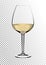 Transparent realistic vector wineglass full of white wine with bright saturated straw colored amber. Illustration in