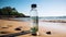 Transparent reusable water bottle on sandy beach with ocean backdrop emphasizing environmental awareness and sustainable lifestyle