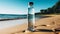 Transparent reusable water bottle on sandy beach with ocean backdrop emphasizing environmental awareness and sustainable lifestyle