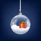 Transparent snow globe with 3D gift box and snowfall. Realistic Christmas glass ball on ribbon. Xmas tree toy, vector