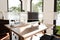 transparent text box in front of modern minimalistic pc workspace in luxurious loft office and panoramic view remote work home