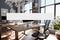 transparent text box in front of modern minimalistic pc workspace in luxurious loft office and panoramic view remote work home