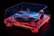 Transparent turntable with neon red and blue lighting. Detailed view of internal components. Concept of music