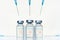 Transparent vials, syringes with new vaccine for covid-19 coronavirus, flu, infectious diseases. Injection after clinical trials