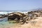 Transparent water on rocky beach shore on sunny day in Maitencillo