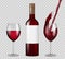 Transparent wine bottle and wineglasses mockup. red wine splash in bottle and glasses isolated. Vector illustration.