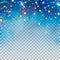 Transparent winter background with colorful garland. Blue ligth and snowflakes.