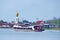 Transport boat with bhudda statue background at Koh Kred Thailand