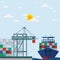 Transport cargo sea ship loading containers by harbor crane in shipping port vector illustration