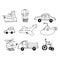 Transport in children doodle style. set icon, sticker. sketch hand drawn. minimalism monochrome. airplane, helicopter, machine,