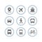 Transport icons. Airplane, Public bus, Train, Ship/Ferry, Car, walk man, bike, truck and auto signs. Shipping delivery symbol. Air