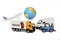 Transport, import-export and logistics concept, container truck, electric car, forklift and cargo plane in transport and import-