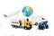 Transport, import-export and logistics concept, container truck, electric car, forklift and cargo plane in transport and import-