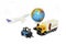 Transport, import-export and logistics concept, container truck, electric car, forklift and cargo plane in transport and import-