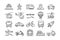 Transport line icons. Car travel. Vehicle types. Taxi and bike. Public bus. Bicycle and train body. Automobile truck or