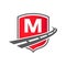 Transport Logo With Shield Concept On Letter M Concept. M Letter Transportation Road Logo Design Freight Template