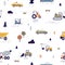 Transport pattern, repeating print in Scandinavian style. Seamless Nordic childish background design with toy cars