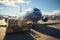 Transport plane at the airport. Workers load goods and cargo onto the plane. Cargo pallets. Air freight