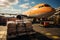 Transport plane at the airport. Workers load goods and cargo onto the plane. Cargo pallets. Air freight