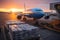 Transport plane at the airport. Workers load goods and cargo onto the plane. Cargo pallets. Air freight