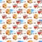 Transport seamless pattern of different colors, shapes and types of trucks  and vans