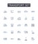 Transport set line icons collection. Health kit, Travel bag, Entertainment pack, Office statiry, Cooking utensils