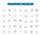 Transport vechicles linear icons set. Automobiles, Buses, Cars, Cycles, Delivery, Electric, Fleet line vector and