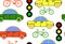 Transport vector seamless pattern with cars, traffic lights and bicycles
