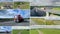 Transportation background. Large delivery trucks moving on a highway. Multiscreen montage.