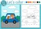 Transportation coloring page for children with car, driver, cat. Vector water transport outline illustration. Color book for kids