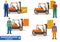 Transportation concept. Detailed illustration of forklift trucks with different cargo and workers on white background in