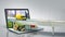 Transportation concept road from the laptop on the road going truck there are boxes and a loader on the laptop 3d render on grey