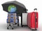 Transportation of earth and suitcases on freight light cart under umbrella