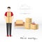 Transportation and home removal. We`re moving. The young man with glasses and a red T-shirt is holding boxes. Boxes, armchair, b