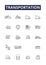 Transportation line vector icons and signs. Cars, Trains, Boats, Planes, Shipping, Cycling, Cabs, Subways outline vector