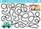 Transportation maze for kids with auto, driver, passenger. Urban transport preschool printable activity. Labyrinth game or puzzle