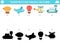 Transportation shadow matching activity. Air transport puzzle with cute zeppelin, plane, hot air balloon, helicopter, airport.