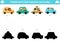 Transportation shadow matching activity. Transport puzzle with cute cars, taxi, drivers. Find correct silhouette printable