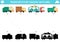 Transportation shadow matching activity. Transport puzzle with cute trucks. Find correct silhouette printable worksheet or game.