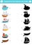 Transportation shadow matching activity. Water transport puzzle with cute ship, yacht, boat, speedboat. Find correct silhouette