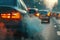 Transportation travel traffic jams on roads with air pollution, smoke from car exhaust pipes